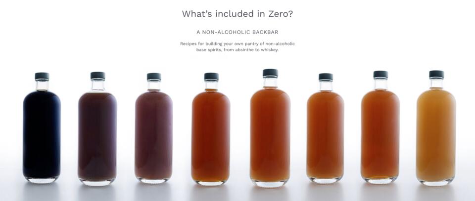 A screenshot of the Zero promotional website which says: What's included in Zero? A non-alcoholic back bar. Recipes for building your own pantry of non-alcoholic base spirits, from absinthe to whiskey.