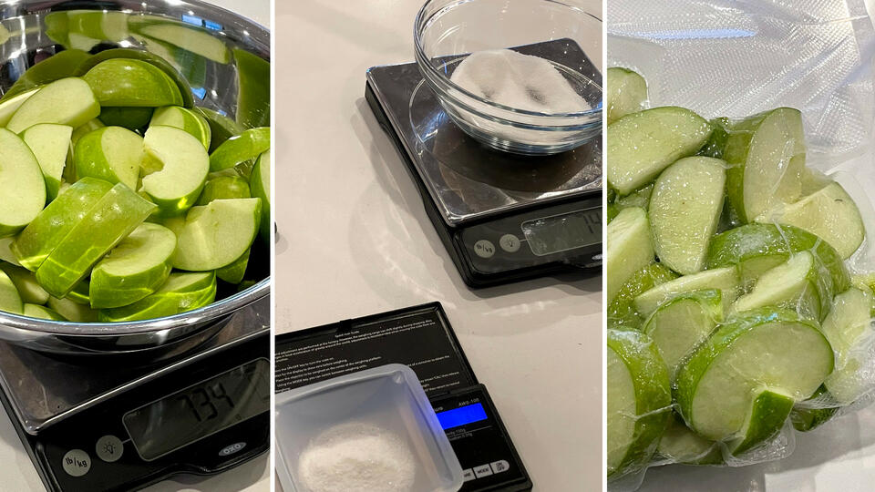 The preparation for the apple juice: first sliced, then acidulated and sweetened, and then sealed in a vacuum bag