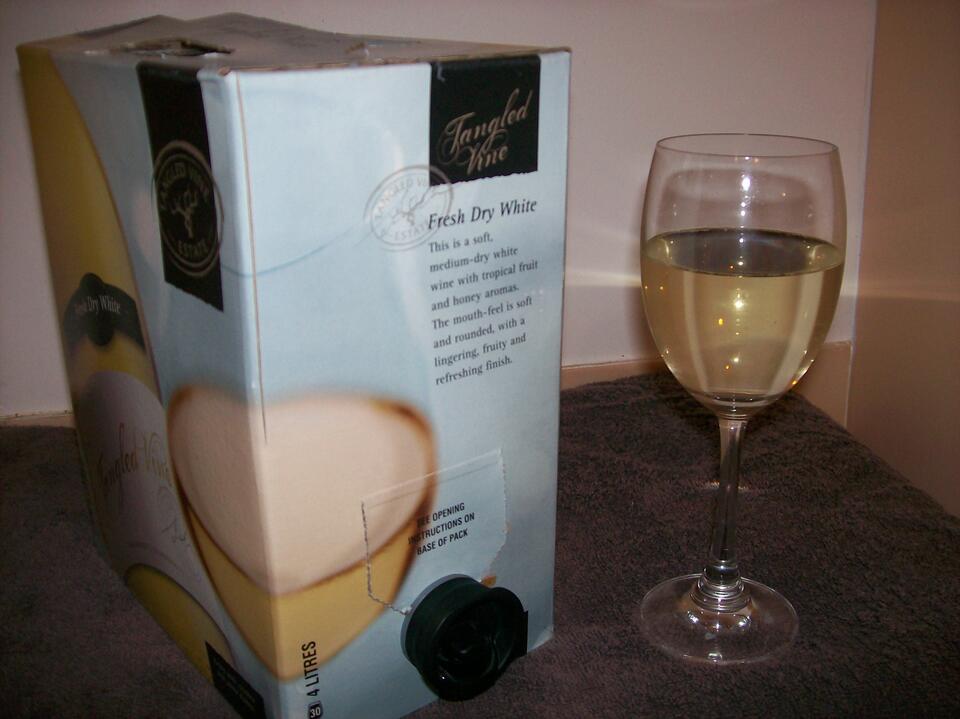 A boxed white wine with a dispenser tap at the bottom