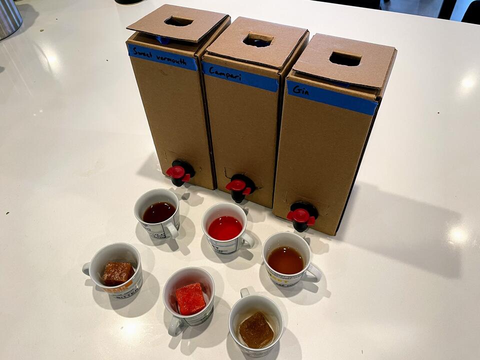From left to right, &ldquo;sweet vermouth,&rdquo; &ldquo;bitter liqueur,&rdquo; and &ldquo;gin&rdquo;. Frozen samples in the front, aged samples in the back.